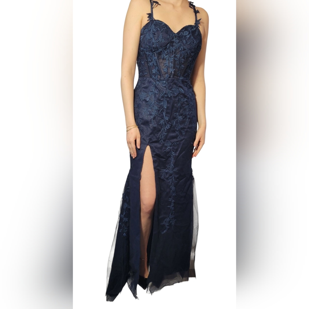 VNAIX Navy Blue Corset Prom Dress Lace Tulle Mermaid Formal Evening Gown